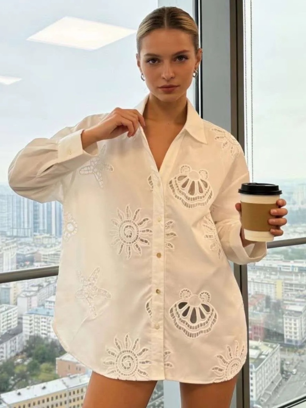 MADE IN ITALY White Eyelet Button-Down Shirt - Women's Relaxed Top